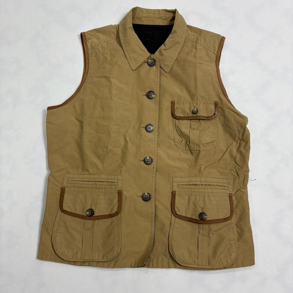 Ralph Lauren Women's Canvas Safari Vest Leather Trim XL Tan Utility‎